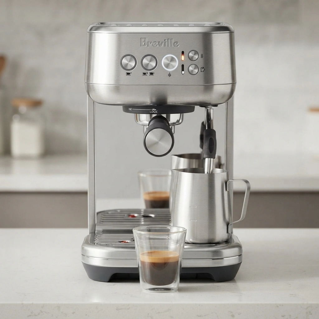 Breville Bambino Plus stainless steel espresso machine front view