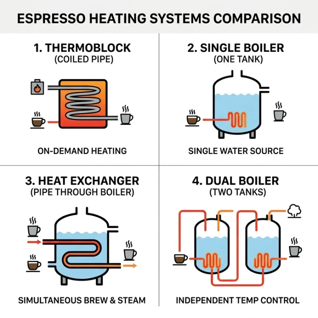 espresso machine heating systems comparison
