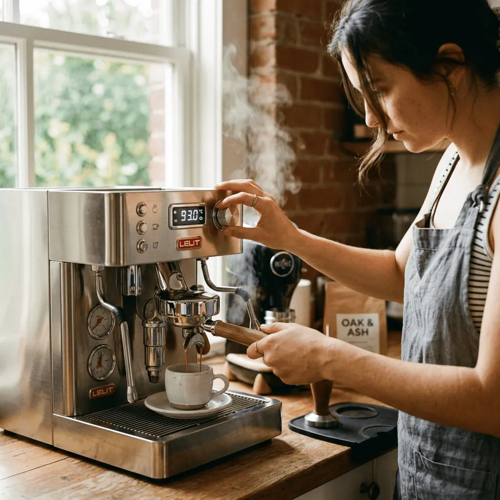 Home barista using espresso machine temperature controls