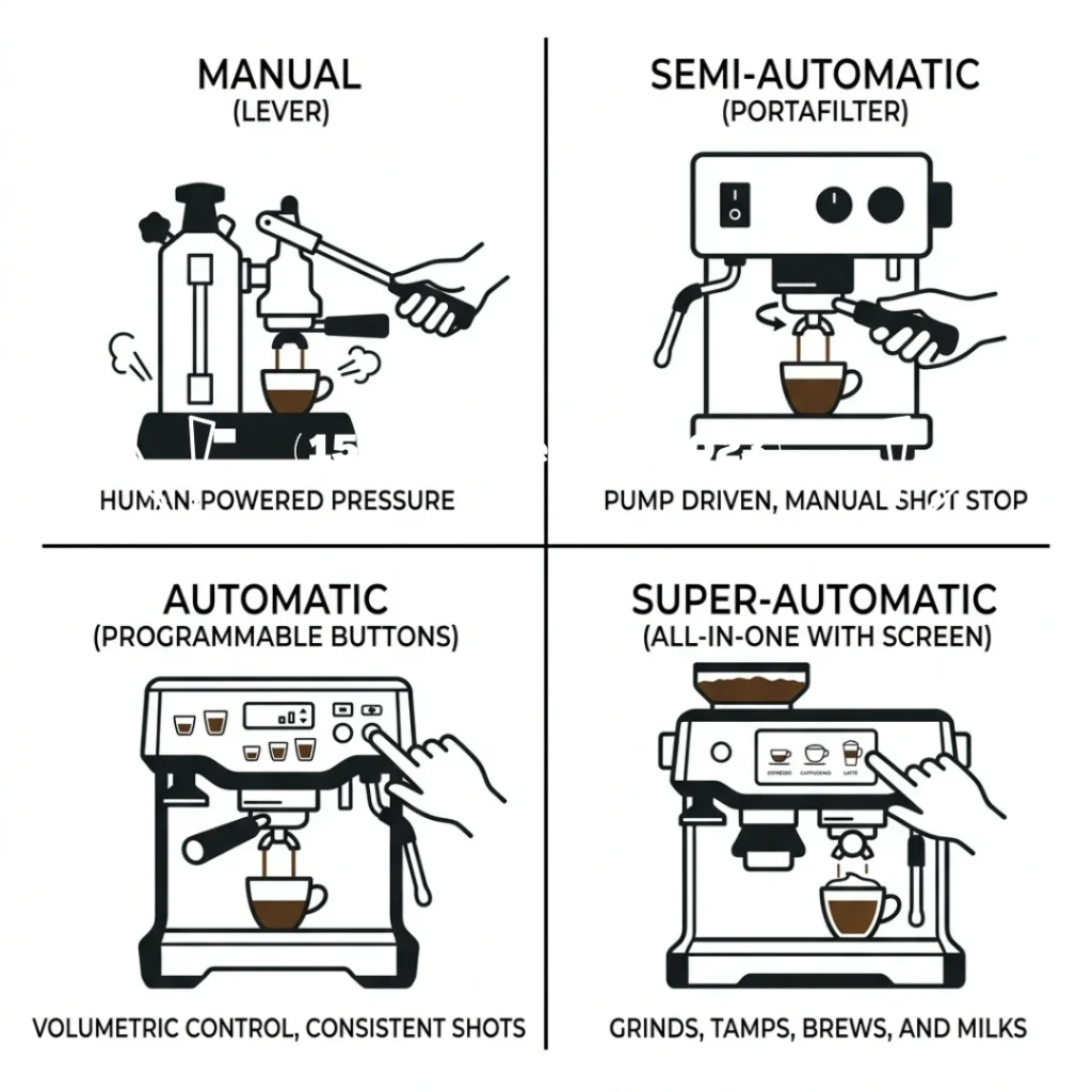 manual semi-automatic automatic and super-automatic espresso machine types