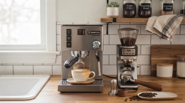 home espresso machine setup with grinder